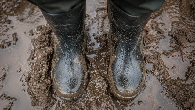 Black Rubber Boots Standing in Wet Mud and Puddles After Rain