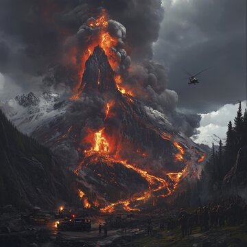 A powerful volcanic eruption in the Yellowstone area, lava flows, thick clouds of smoke and ash, rescue services and evacuation of people.