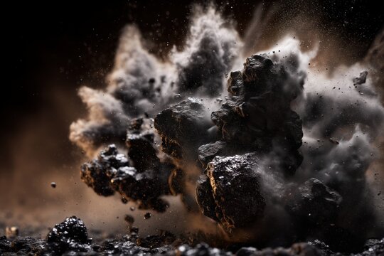 An explosion of dark stones, clouds of ash and flying fragments
