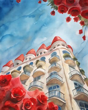Watercolor painting of a European building with red roses and blue sky