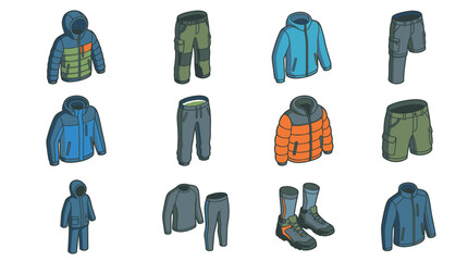 Colorful illustrated collection of outdoor clothing and gear. © Himin