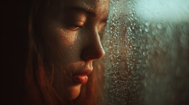 Introspective Portrait of a Woman with a Rain-Streaked Window Reflection