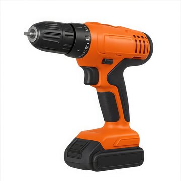 Orange and black cordless electric drill with a battery pack, isolated on a white background. Power tool for construction.