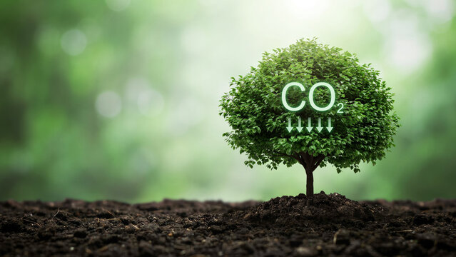Tree with carbon dioxide absorption symbol illustrating natural decarbonization and climate change mitigation.