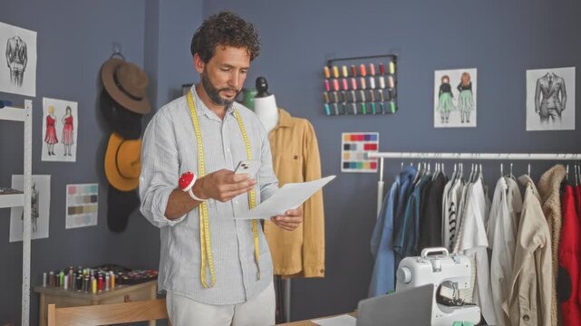 Man designer using smartphone and holding pattern paper with measuring tape and pincushion on wrist in studio; creative concentration.