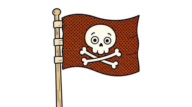A cartoon style pirate flag with a skull and crossbones on a wooden pole
