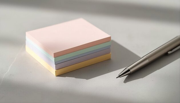 Minimalist desk setup with a stack of pastel sticky notes and a metallic pen under warm sunlight