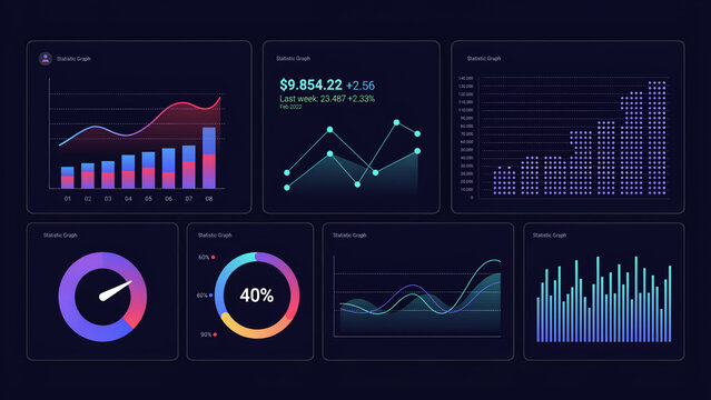 Modern financial dashboard interface with multiple data visualization charts and graphs.