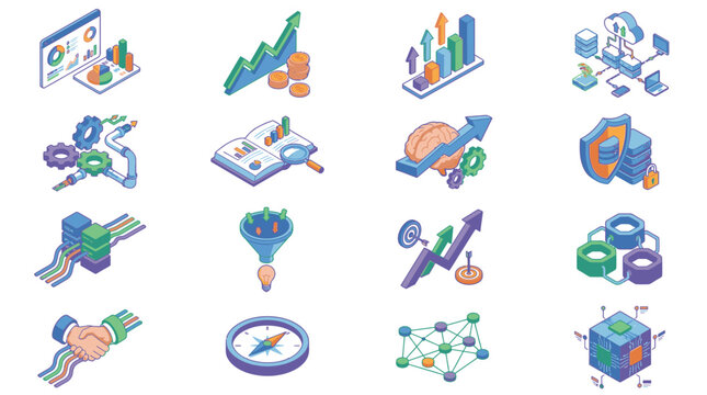 Colorful isometric business and technology icons set.