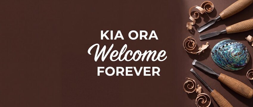 Maori wood carving chisel tool with paua shell and welcome kia ora text for New Zealand cultural craft, traditional artisan workshop banner with copy space, native craftsmanship background design.