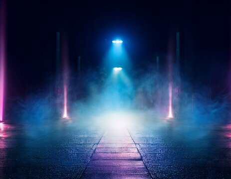 reflection of neon lights a searchlight smoke abstract light in a dark empty street with smoke smog dark background scene of empty street night view night city