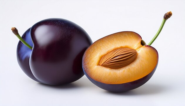 a fresh plum sliced to show its seed sits next to a whole plum on a white backdrop