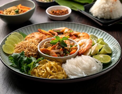 thai cuisine miang pla kapong with fresh veggies pad thai with shrimp pomelo salad