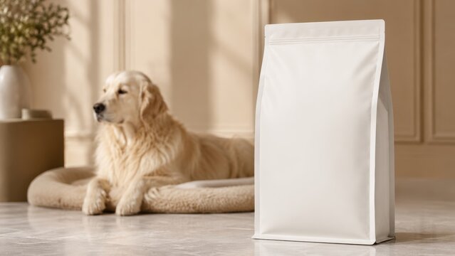 golden retriever lying on a soft dog bed in a bright beige living room with a blank white stand up pet food pouch packaging mockup placed prominently in the foreground
