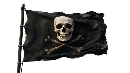 Fototapeta premium Waving black pirate flag with a skull and crossbones isolated on white background