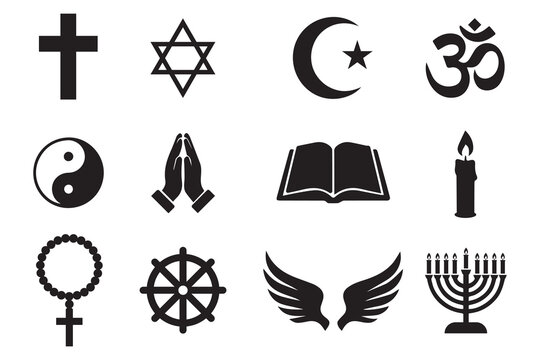 Religious symbols collection black silhouettes on white background