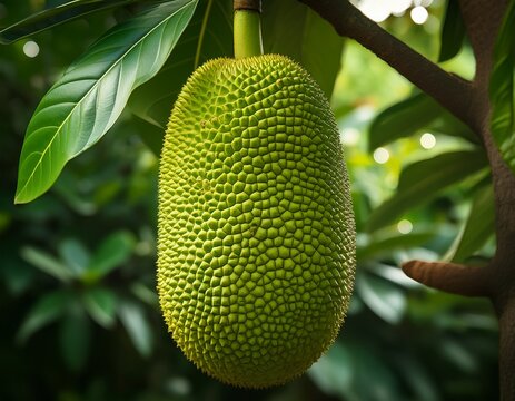 a close up shot of a breadfruit hanging from a tree showcasing its distinctive texture and vibrant green hue