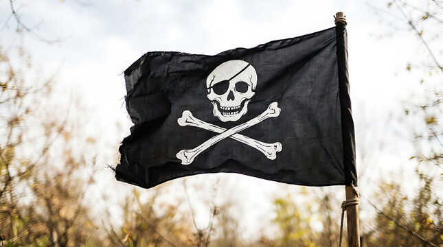 A black pirate flag with skull and crossbones waving in the outdoor wind