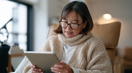 An autistic adult woman using a social story app on a tablet to prepare for a medical appointment, seated in a waiting room, self advocacy tools and technology assisted