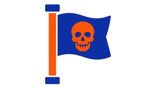 A blue flag with an orange skull symbol attached to an orange flag pole