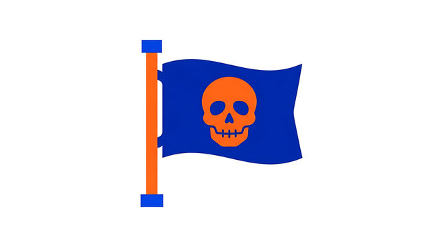 A stylized blue flag with an orange skull design on a wooden flagpole