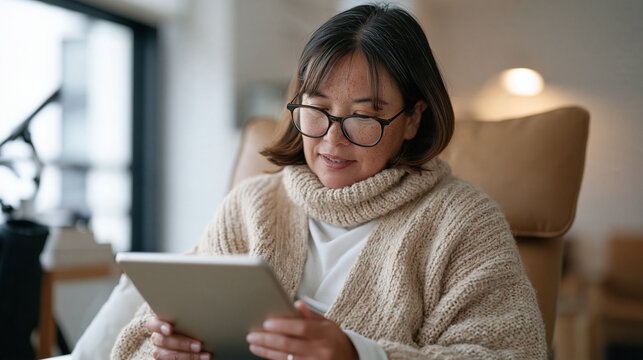 An autistic adult woman using a social story app on a tablet to prepare for a medical appointment, seated in a waiting room, self advocacy tools and technology assisted