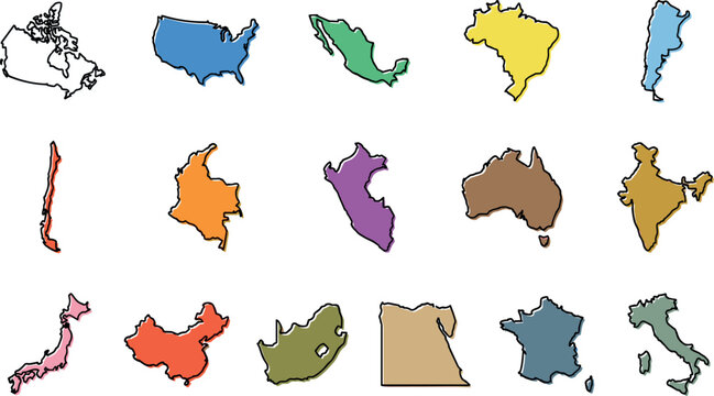 Colorful world country map silhouettes set vector