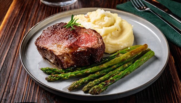 delicious prime rib dinner with asparagus and mashed potatoes
