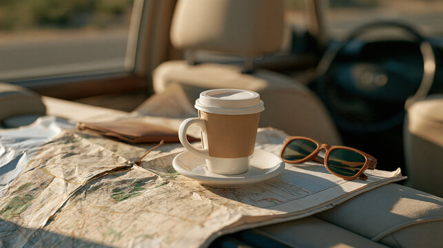 Worn road atlas spread across backseat of old first car with coffee cup and sunglasses, pre GPS road trip planning, nostalgic travel, analog navigation, first long drive