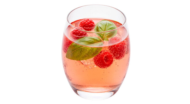 Raspberry drink with basil leaves in rounded glass isolated on transparent background