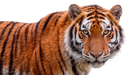Tiger portrait with orange fur and black stripes on transparent background © No background