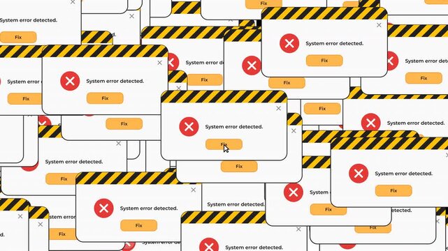 System error alert popups on alpha channel, computer virus alert, digital glitch background