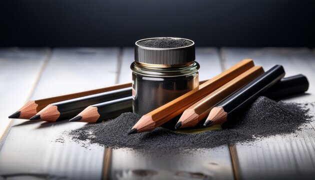 pencils and graphite powder jar creating a visually appealing still life composition