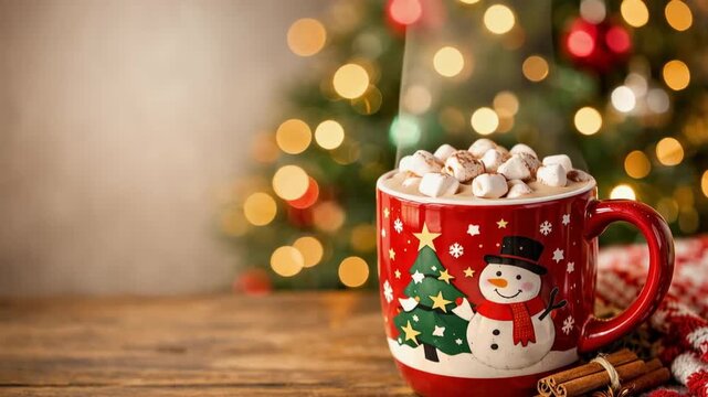 Red holiday mug filled with marshmallows and cinnamon on a wooden table with blurred christmas tree lights creating a cozy festive scene