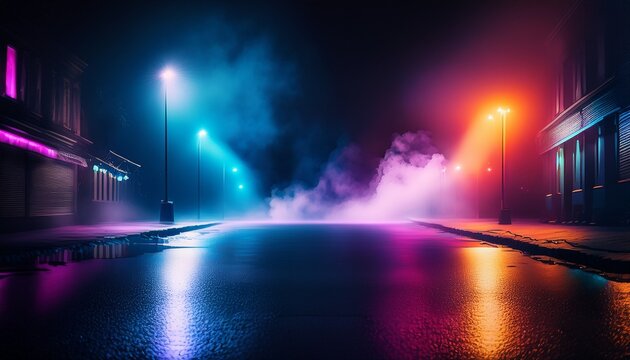 wet asphalt reflection of neon lights a searchlight smoke abstract light in a dark empty street with smoke smog dark background scene of empty street night view night city