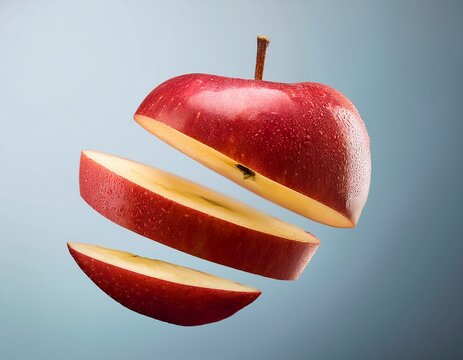 slices of red apple floating in the air showing fresh and healthy fruit