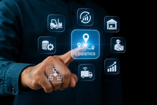 Hand selecting logistics icon on digital interface with transportation symbols