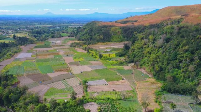 Aerial view of Mount Sinabung and surrounding agricultural fields in Naman Teran, North Sumatra, Indonesia.