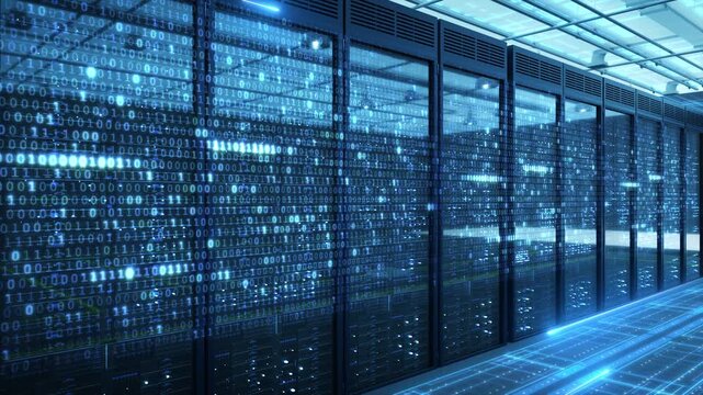 High tech big data servers, future technology data transmission services, a row of server racks overlaid with glowing binary code, set in a modern data center with a blue-lit grid floor.