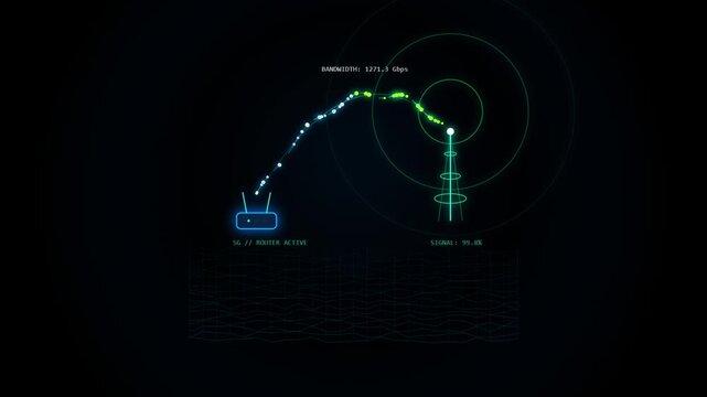 Futuristic 5g router active, displaying high bandwidth data transfer to a cell tower with strong signal digital network communication concept, modern technology background, fast internet connection