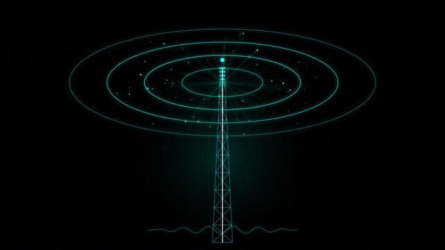 Abstract digital communication tower emitting glowing blue radio waves and data particles, symbolizing wireless technology and network connectivity on a dark background