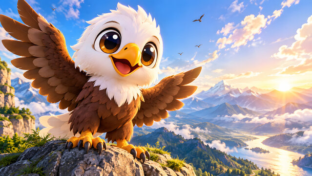 Cute Kawaii Eagle Cartoon with Big Eyes &ndash; Adorable Bird Character and Colorful Animal Mascot Illustration