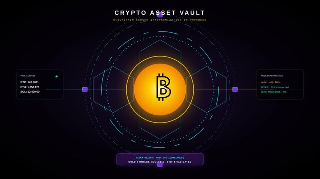 Digital Bitcoin Asset Vault Interface with Blockchain Ledger Syncing Animation for Crypto Security