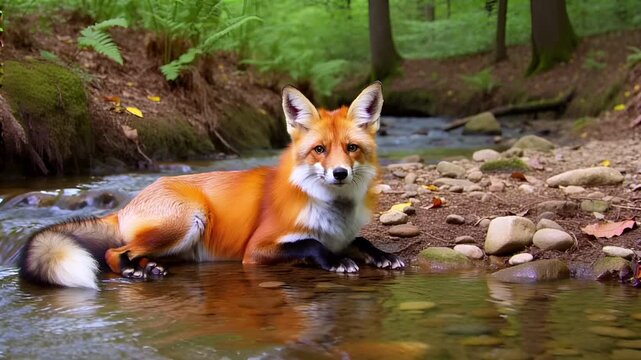 Red fox resting in a shallow forest stream, wild animal in natural habitat environment.