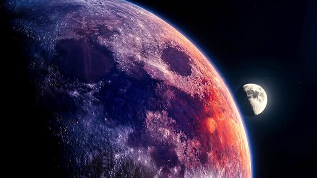 4K Video of a close-up red and purple alien planet with dramatic glowing textures and a dark cosmic background.