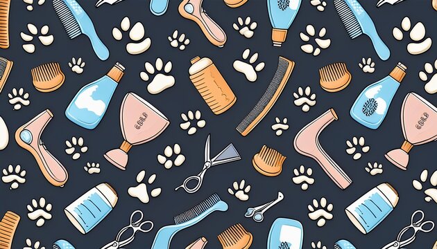 seamless pattern of pet grooming accessories including hair dryers scissors combs shampoos bones and paw prints