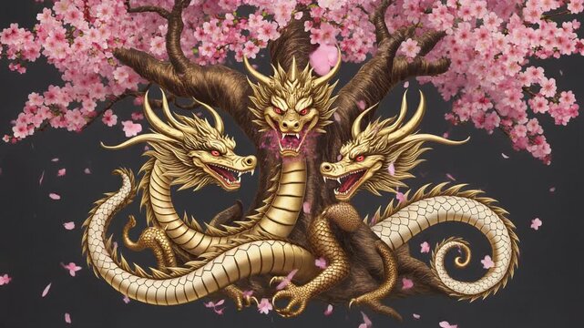 Three-headed golden dragon in a cherry blossom sanctuary, surreal pop art illustration.