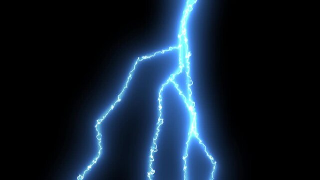 Blue electric lightning strike flash fx, thunderbolt energy burst, glowing plasma arcs, animated storm electricity, vfx overlay on black screen, cinematic thunder effect 4k