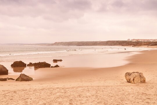 Baleal surfing beach in Portugal. Retro filtered colors style photo - vintage tone.