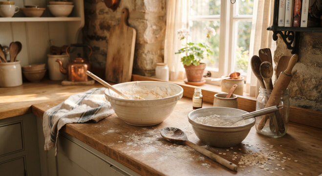 Rustic kitchen scene featuring a white bowl of dough on a wooden countertop, illuminated by natural light from a window.